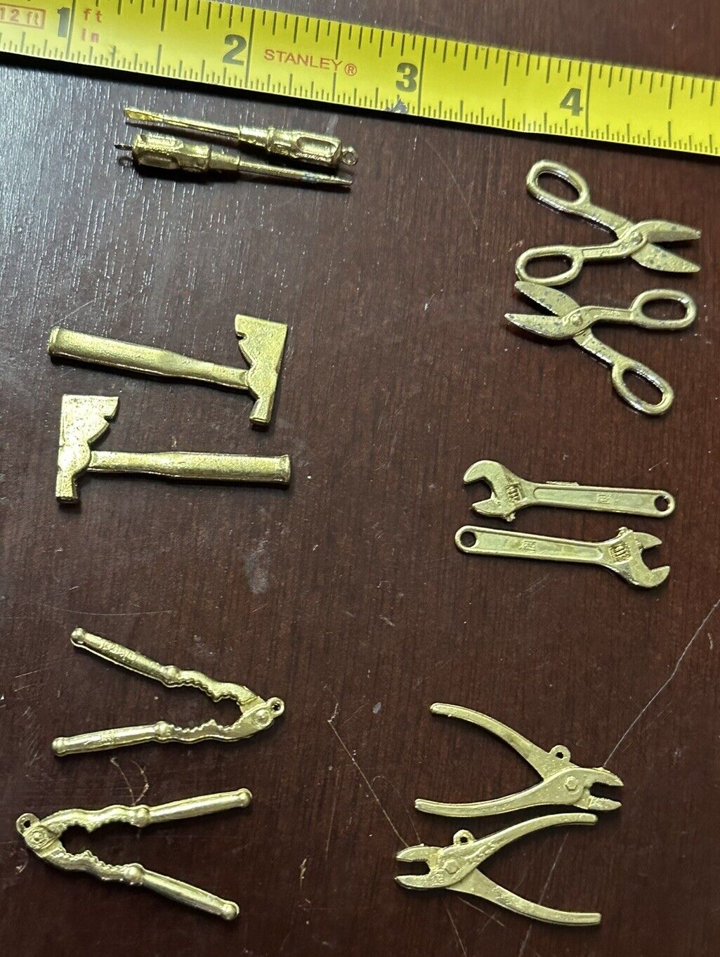 12 Miniature Brass 1960\'s Charms TOOLS Hammer Scissors Wrench Intercast Lot.