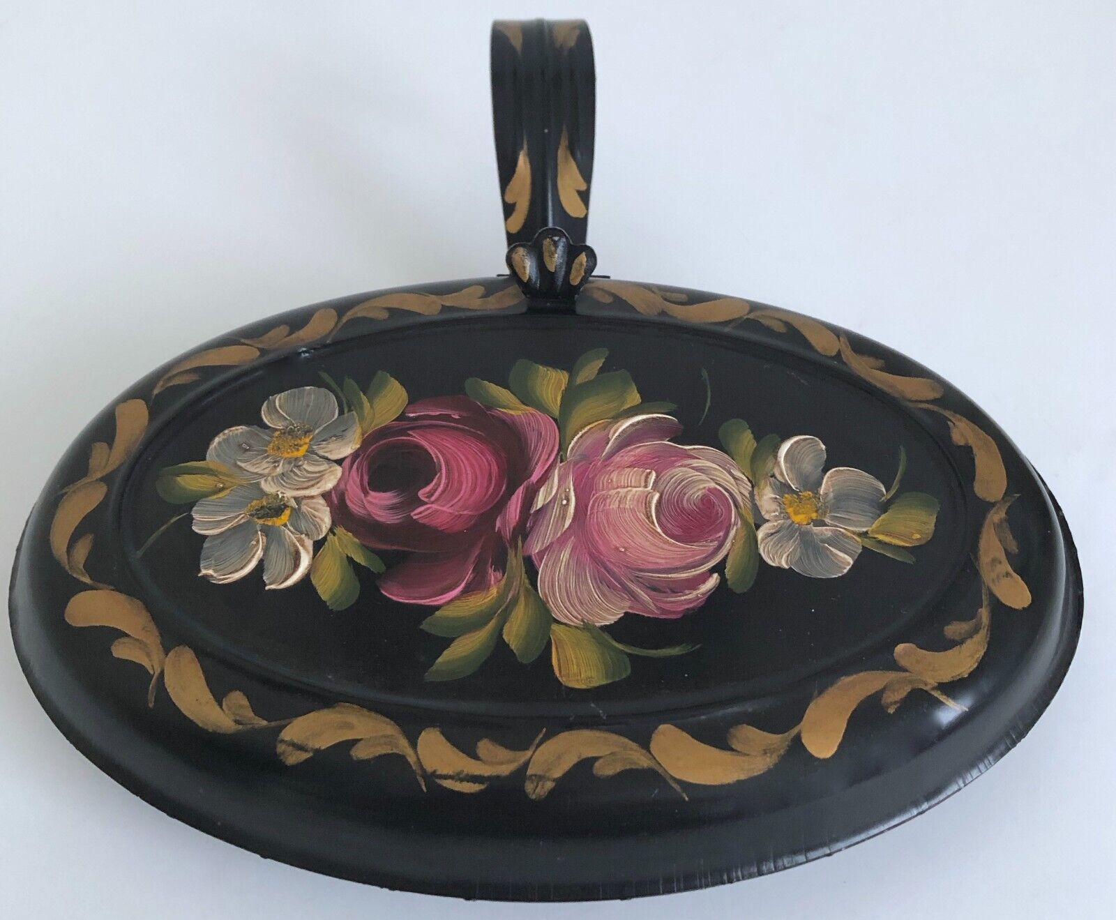 SILENT BUTLER VINTAGE CRUMB CATCHER HAND PAINTED TOLEWARE FLORAL PATTERN