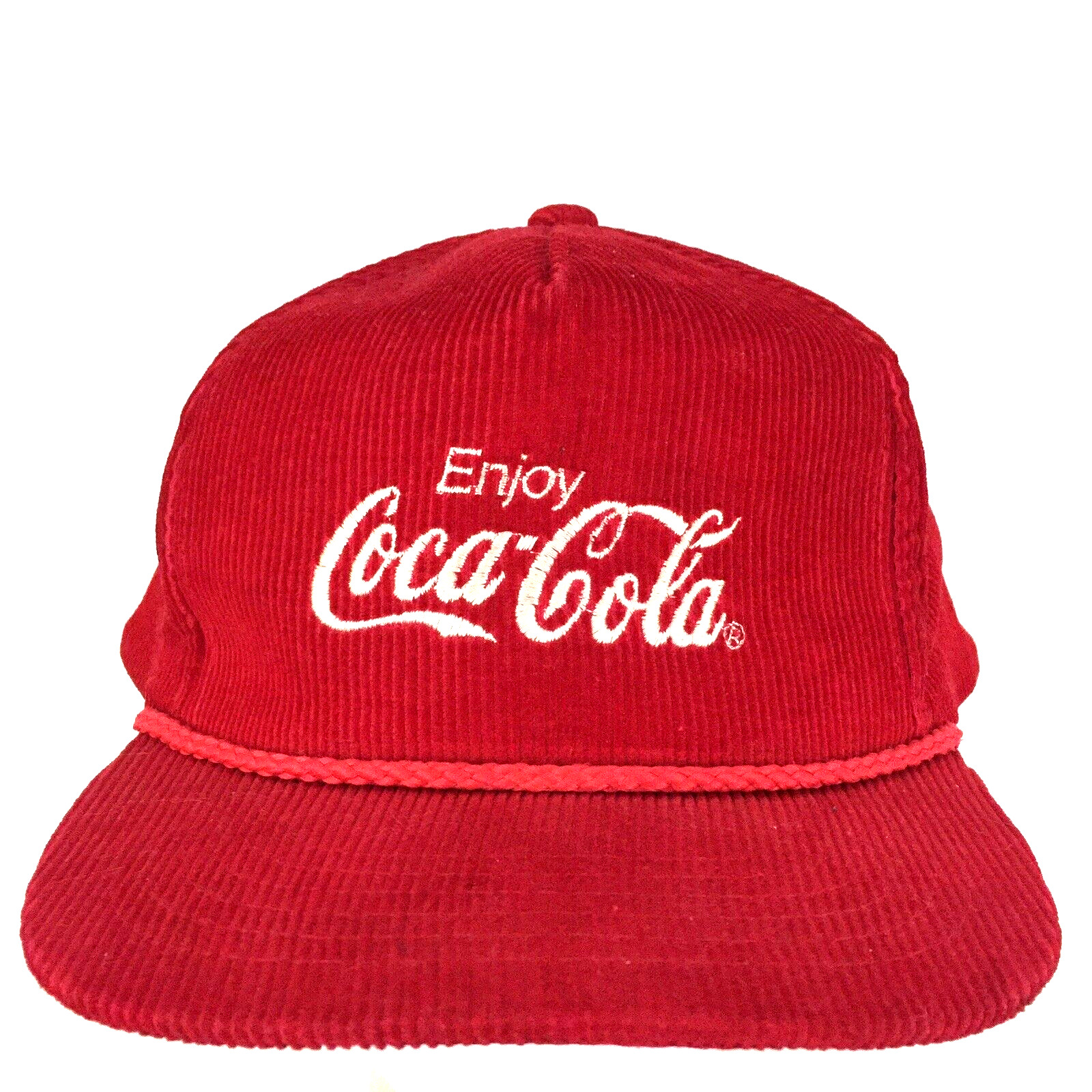 Vtg Enjoy Coca Cola Corduroy Hat Logo Coke Soda Snap Back Baseball Trucker Cap