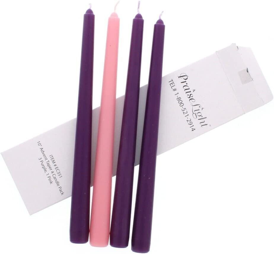 10 Inch Wax Advent Candles Four Piece Purple Pink Christmas Season 