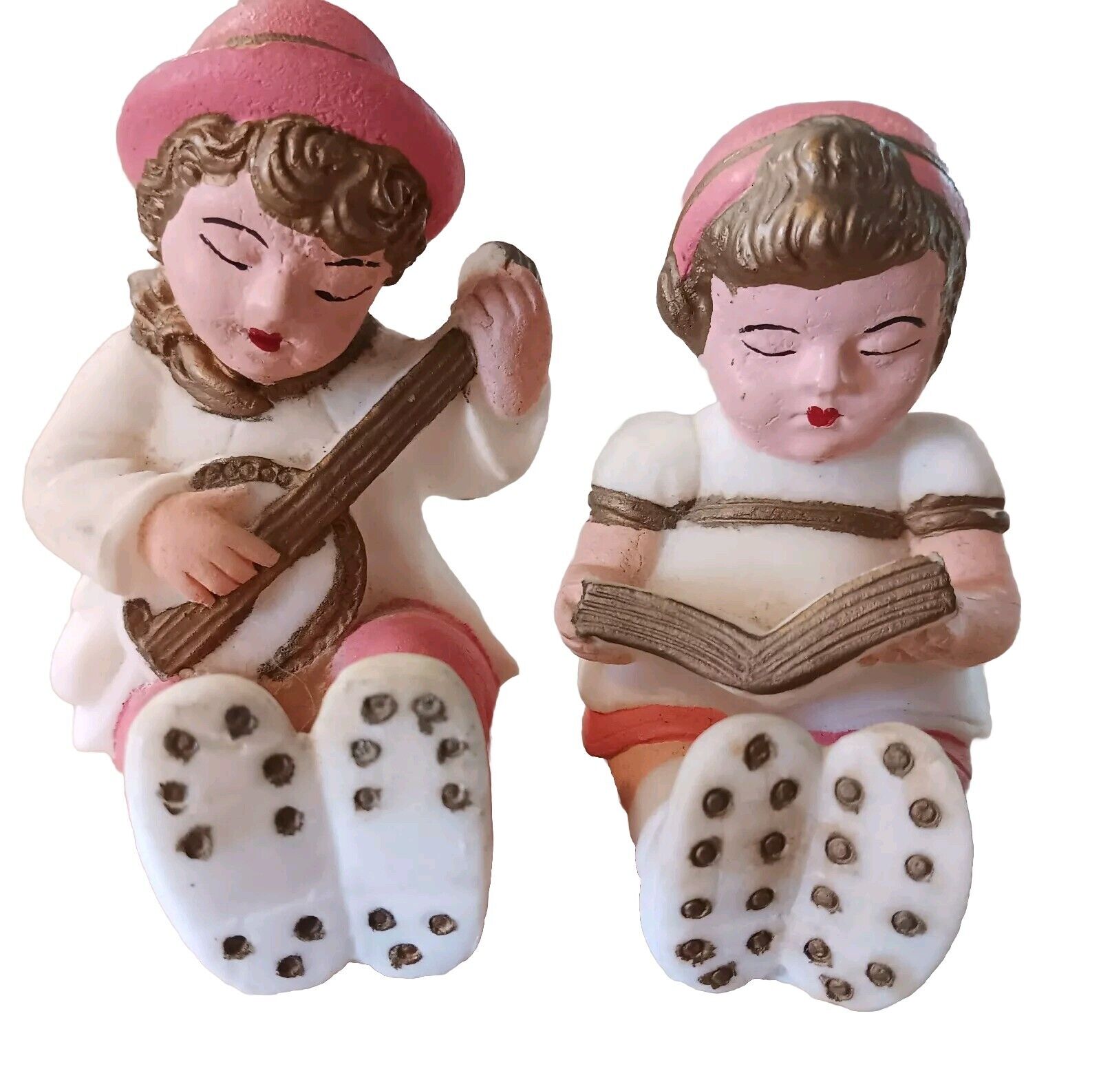 Pair Of Vintage Boy Girl Figurines Playing Music & Reading