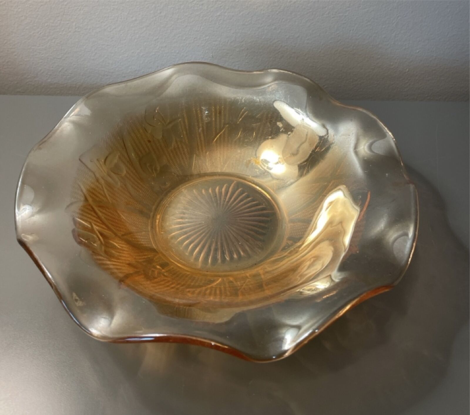 Vintage Jeanette Carnival Glass Fruit Bowl Marigold Iris Herringbone 9.25”
