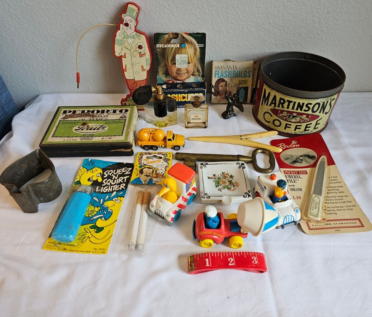 Vintage Collectible Junk Drawer Lot Brass Key Toy Pranks Coffee Tin Flash Bulb +