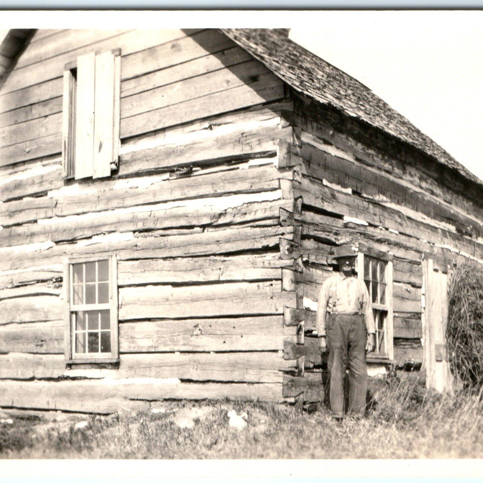 c1940s Old Man by Pioneer Log House Real Photo Farm Homestead Humboldt, Iowa C47