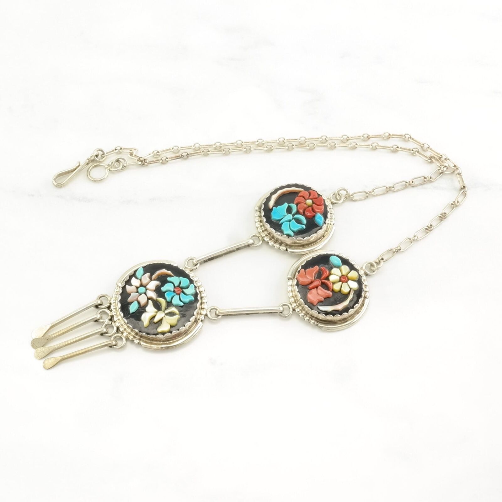 Vintage Zuni Sterling Silver Onyx, Coral, Turquoise, MOP Floral Necklace