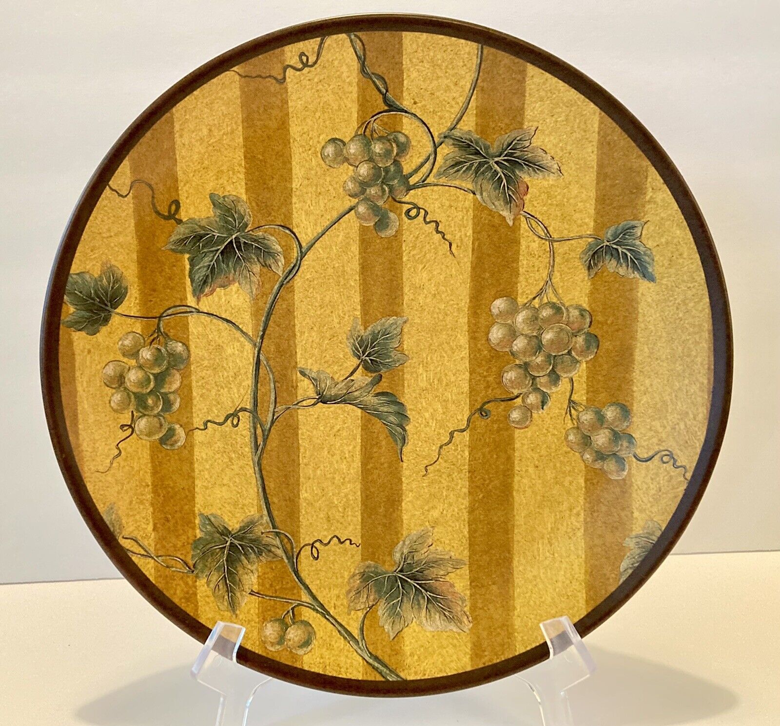 Vintage Decorative Plate Tone On Tone Gold Stripes White Grapes 10”