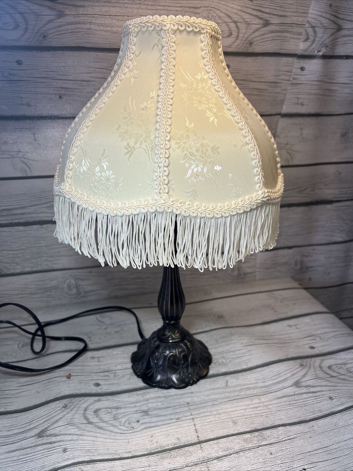 Victorian Fringe Boudoir Lamp Off SILK Cream/Vintage ANTIQUE BRASS STYLE BASE
