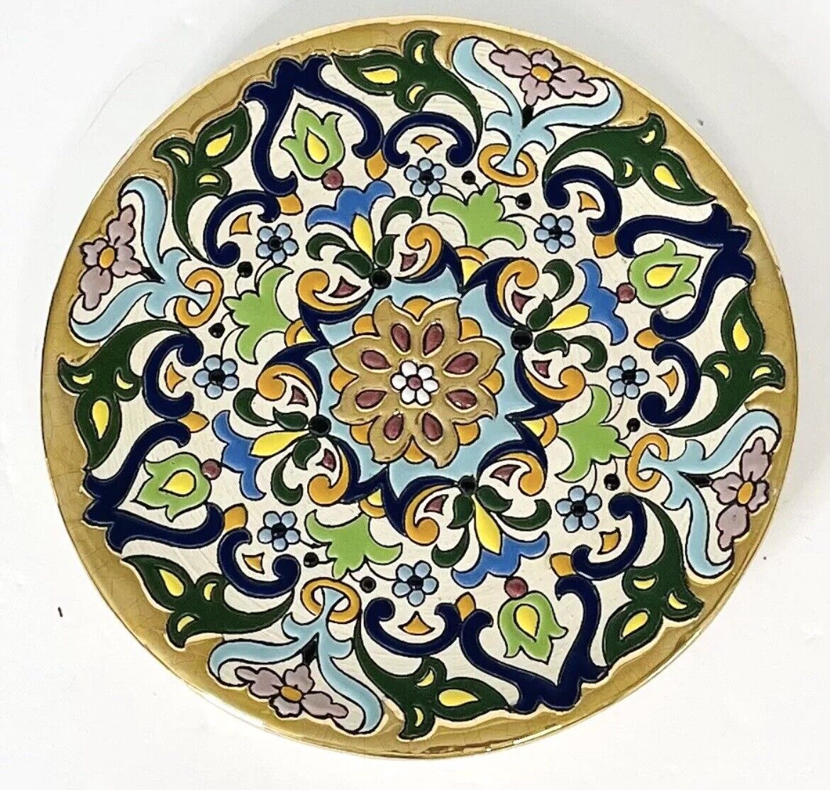 Sevilla Ceramic Spain Art Plate Wall 24k Enamel Vintage 8 Inch Colorful Mosaic