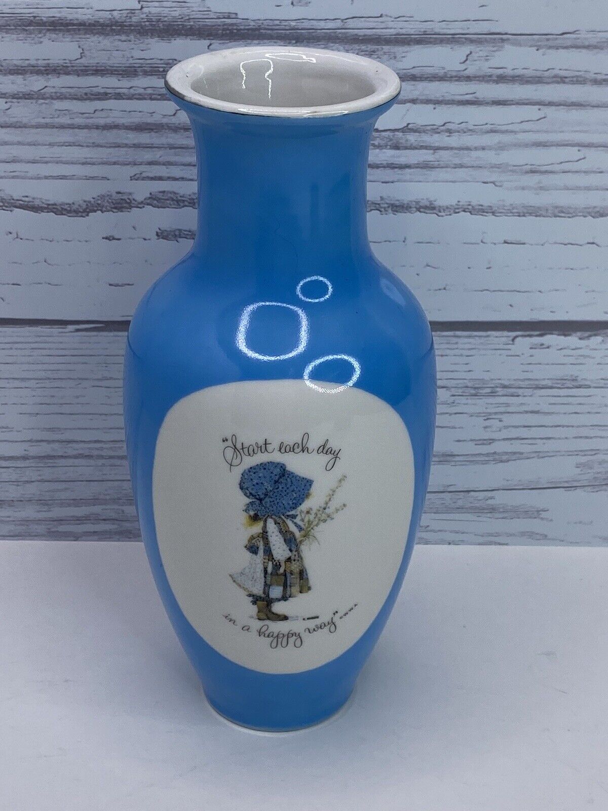 Vintage Blue Holly Hobbie Vase “Start Each Day In A Happy Way” 8 Inch