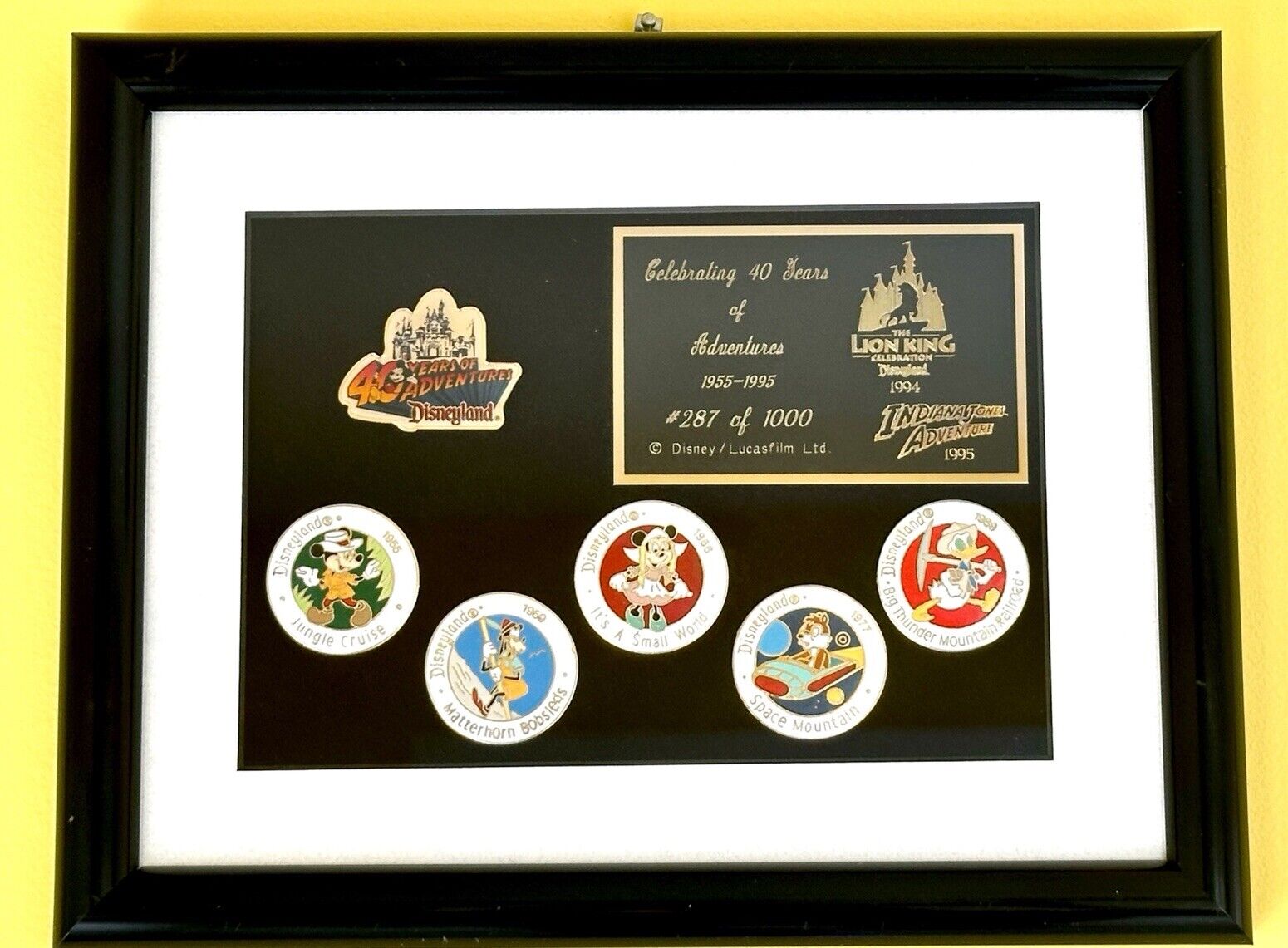 Disneyland 40 Years of Adventure Framed Pin Set LE 1000 6 DISNEY PINS 