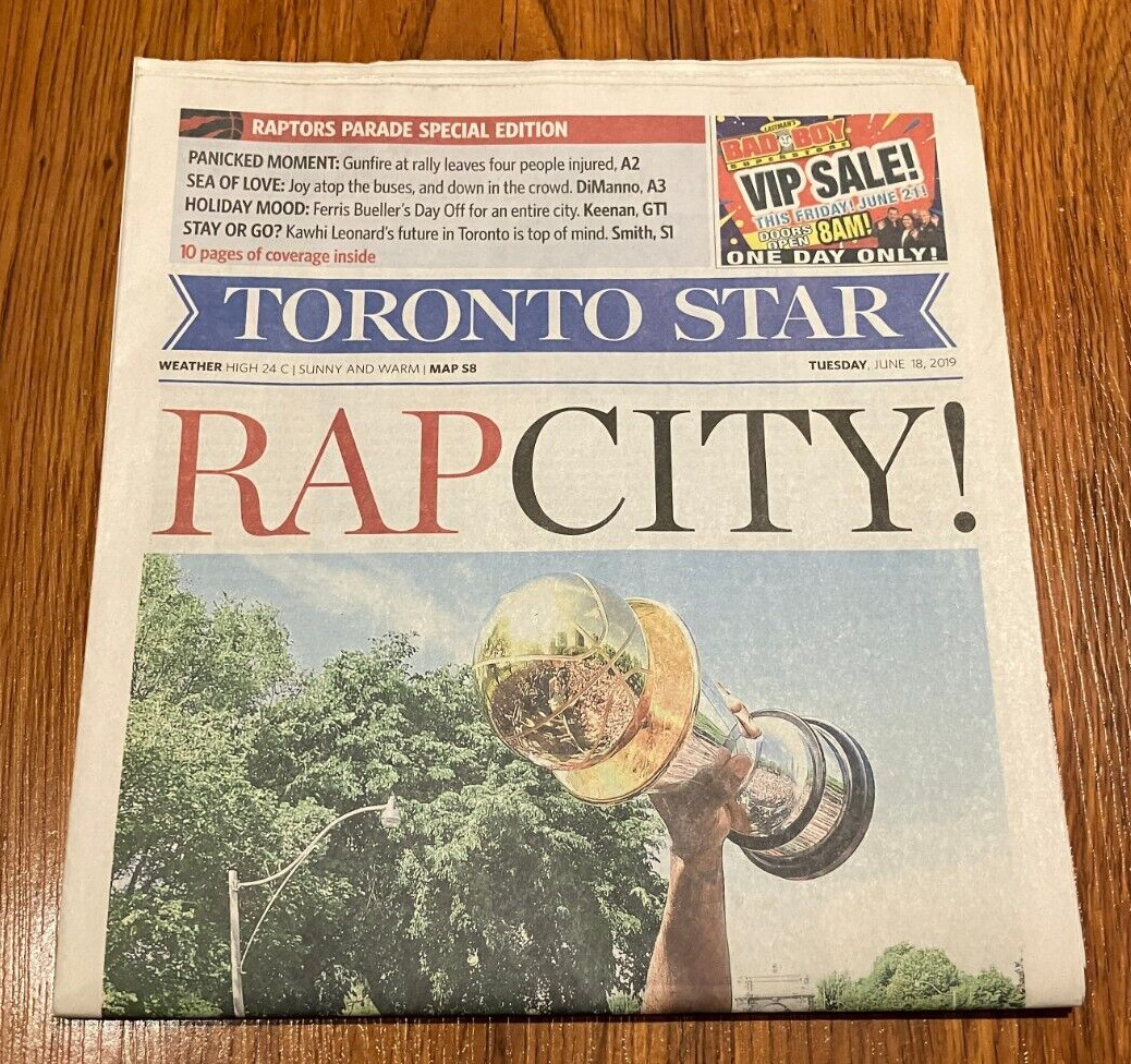 Toronto Star Toronto Raptors Champions Newspaper Article Coverage June 18 2019