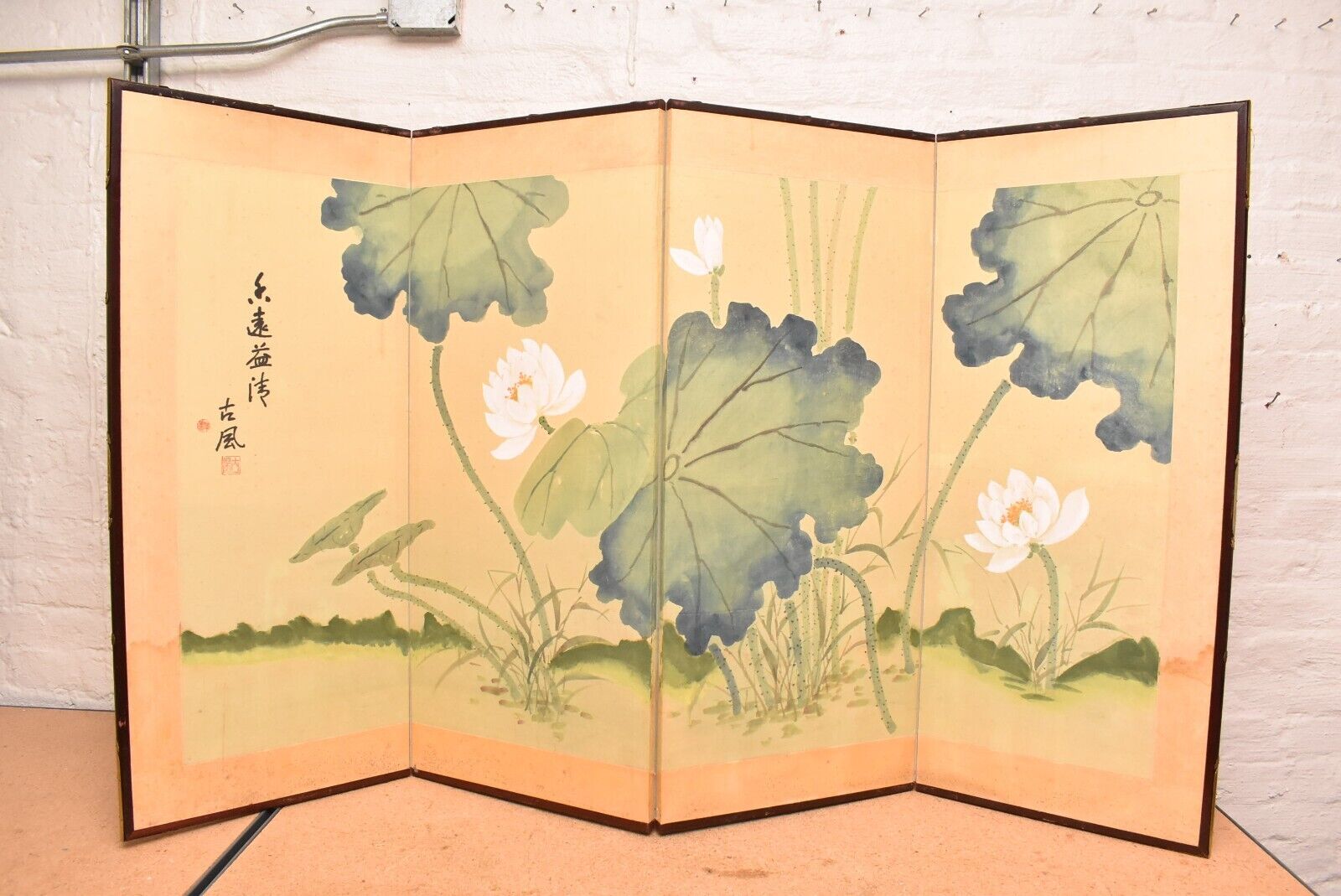 Japanese VTG 4 Panel Folding Screen Asian Byobu Painted Chinese 59x35 Antique-