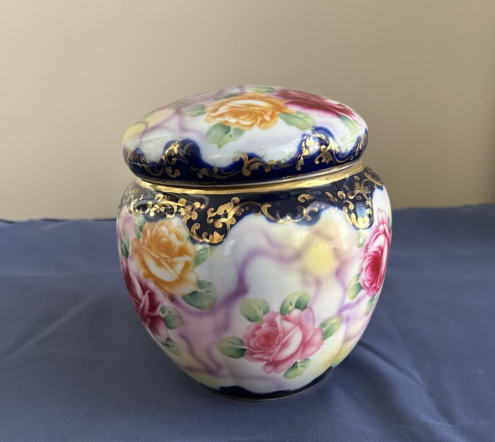 Early 1900\'s 6 Inch Ginger Jar - Pink,Red,Yellow Roses-Edges Colbalt Blue