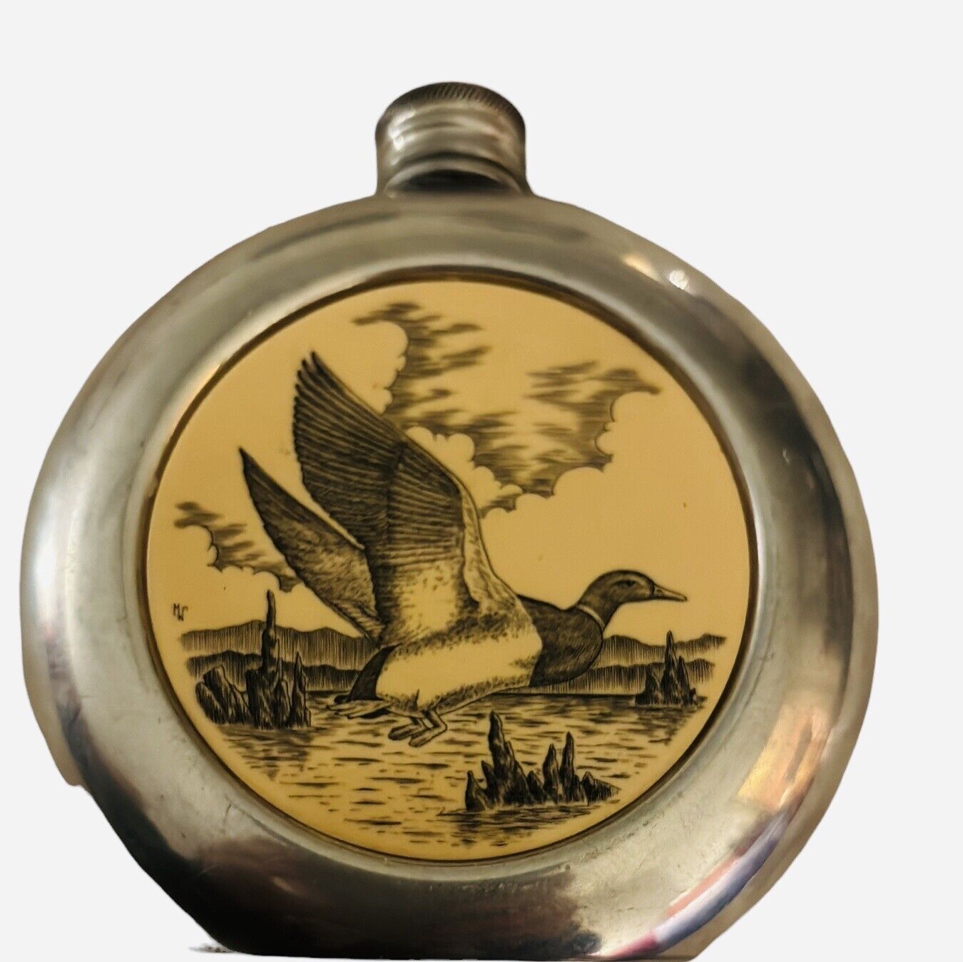 Vintage Comoy’s Sheffield England Pewter Round Liquor Flask With Duck In Flight