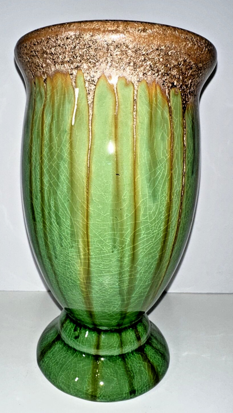 Vintage Green And Gold Dripping Glaze Pottery  Vase 8.5” - Great Condition