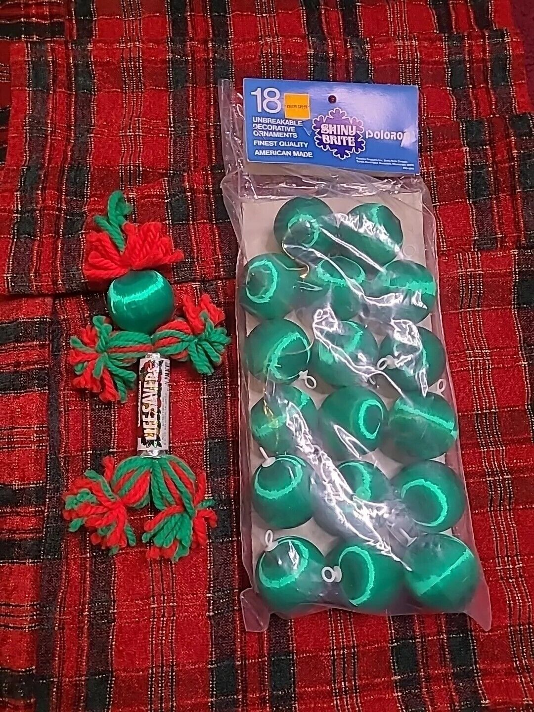 Vintage Shiny Brite Christmas Satin Ball Green Ornaments & Life Savers Candy Man