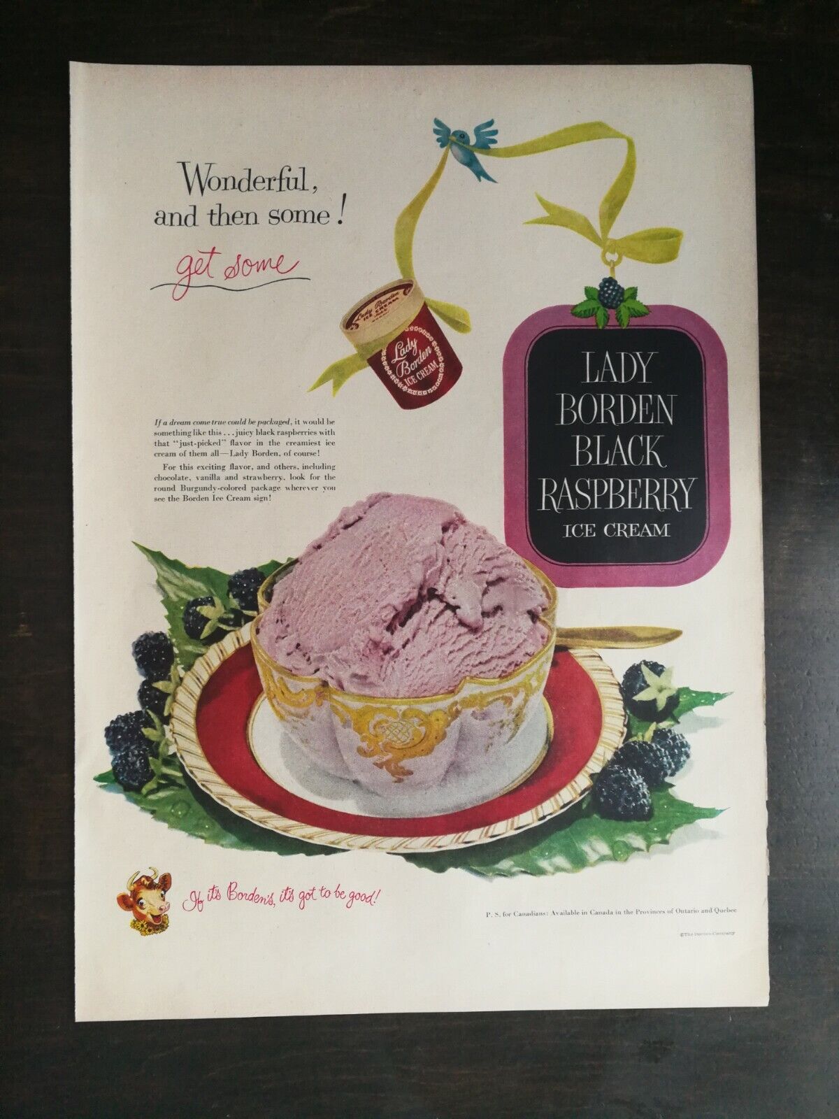 Vintage 1951 Lady Borden Black Raspberry Ice Cream Full Page Original Ad 1221