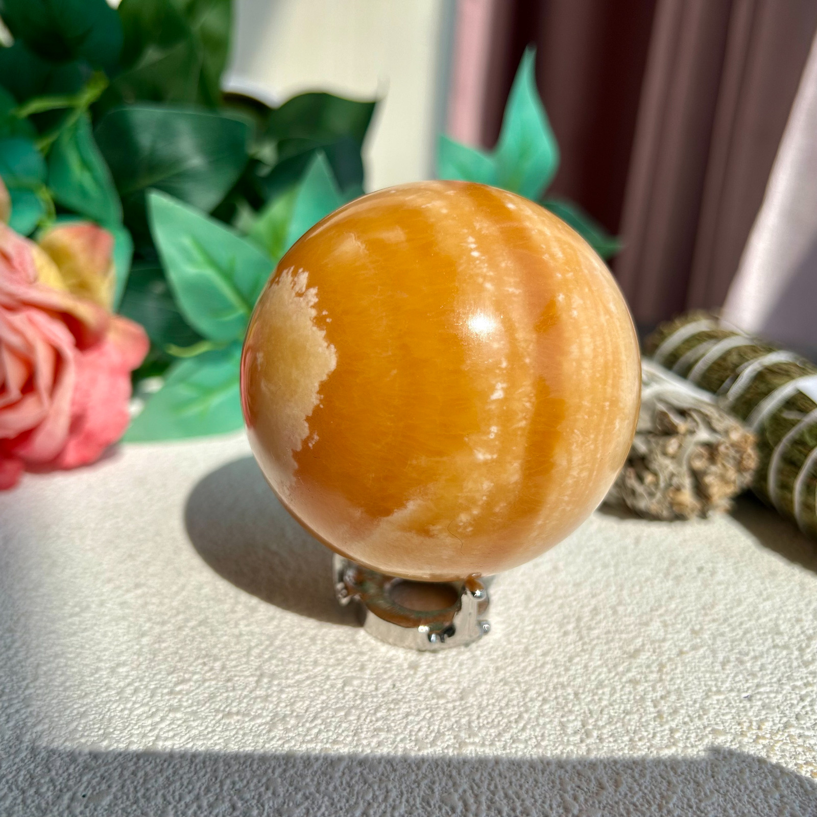 560g High Quality Banded orange calcite energy crystal sphere Display 73mm