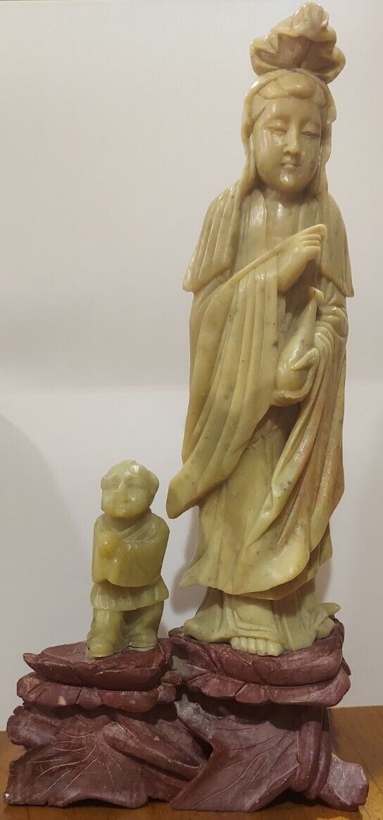 Vintage Soapstone Chinese Quan Yin Goddess With Child 
