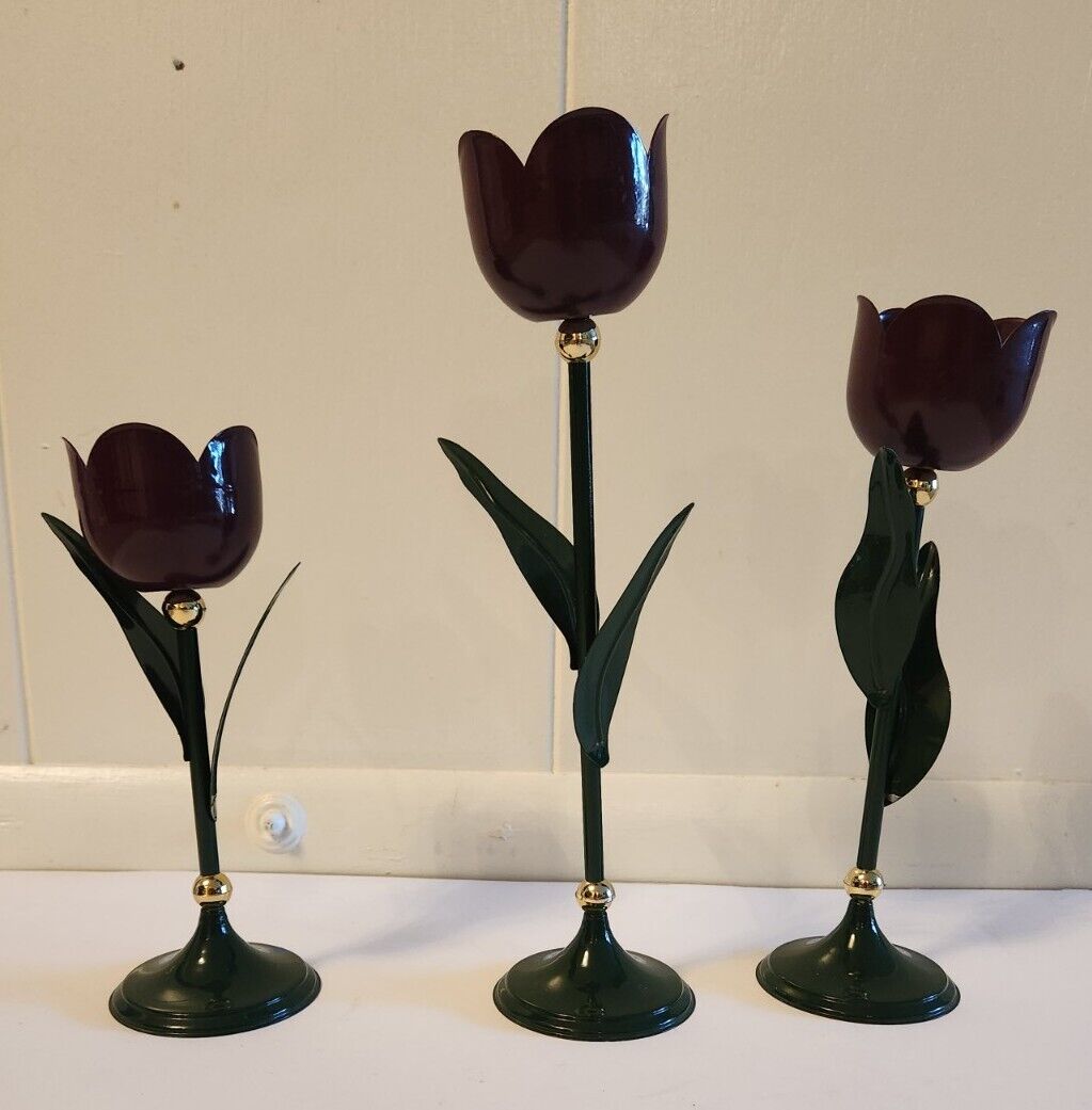 3 Metal Dark Purple Burgundy SPRING Tulip Flower Shaped Vintage Candle Holders