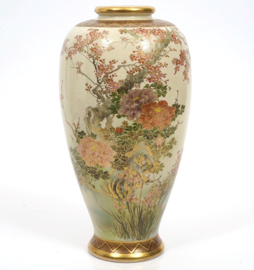 Japanese Satsuma Pottery Peony Floral Motif Crackle Vase, 9 3/4\