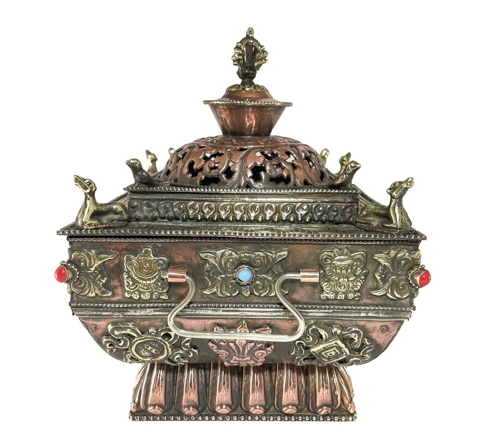 Rare Nepal Tibetan Buddhist Incense Burner Stand w Lid Copper Home Décor Holder