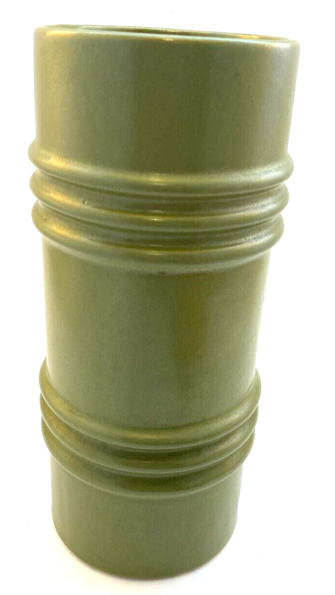 Vintage McCoy Floraline Vase Tall Sage Green Cylinder Ribbed 10\