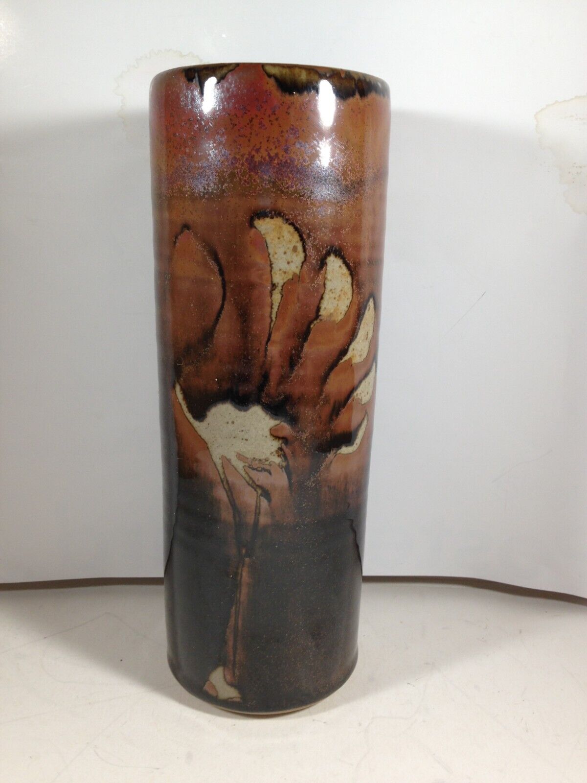 Hand Crafted Pottery Vase Brown Glaze Cranes 10”