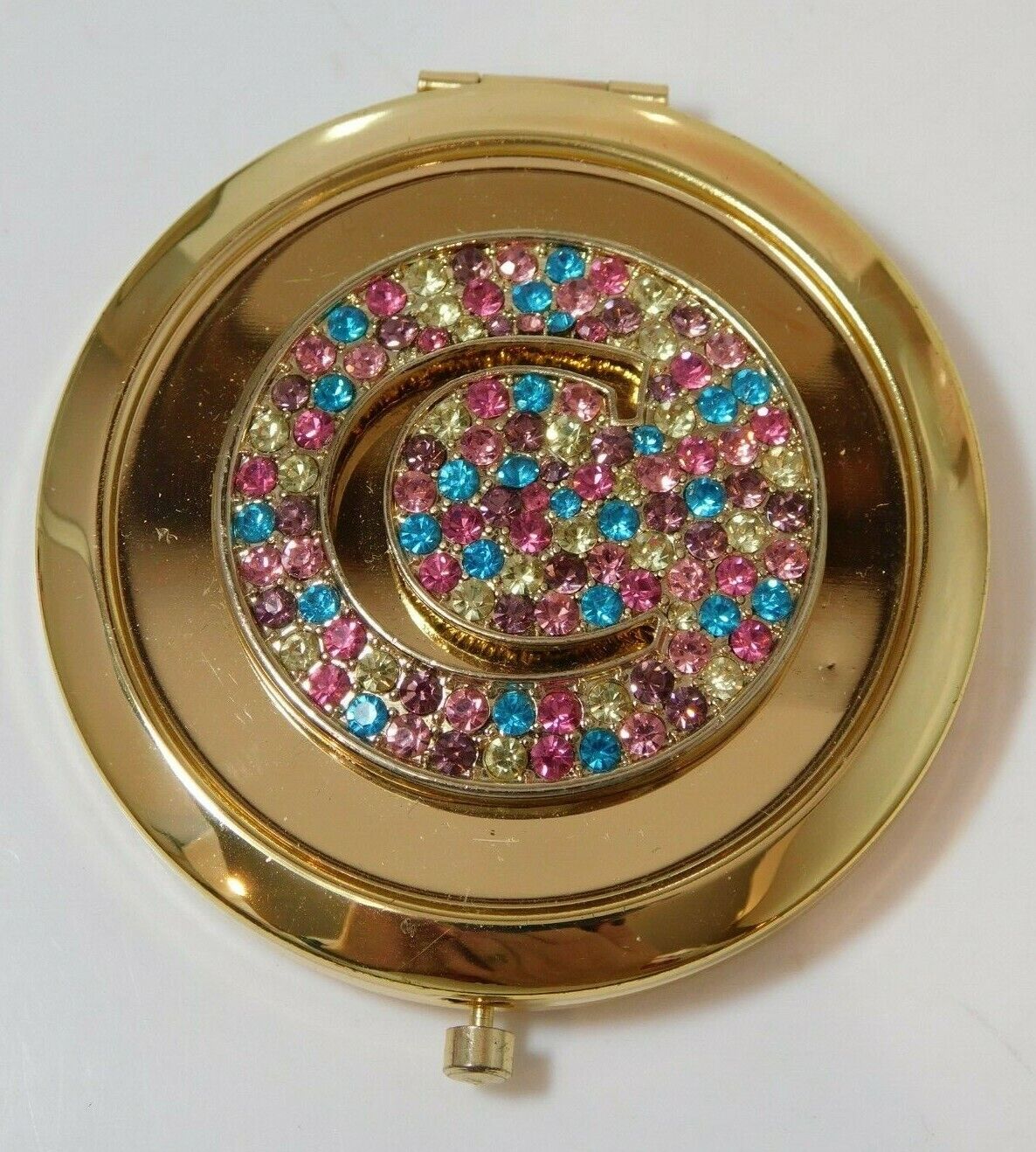 Vintage Shiny 'C' Blue Pink Rhinestones Compact 2Mirror Magnified Purse Cd3