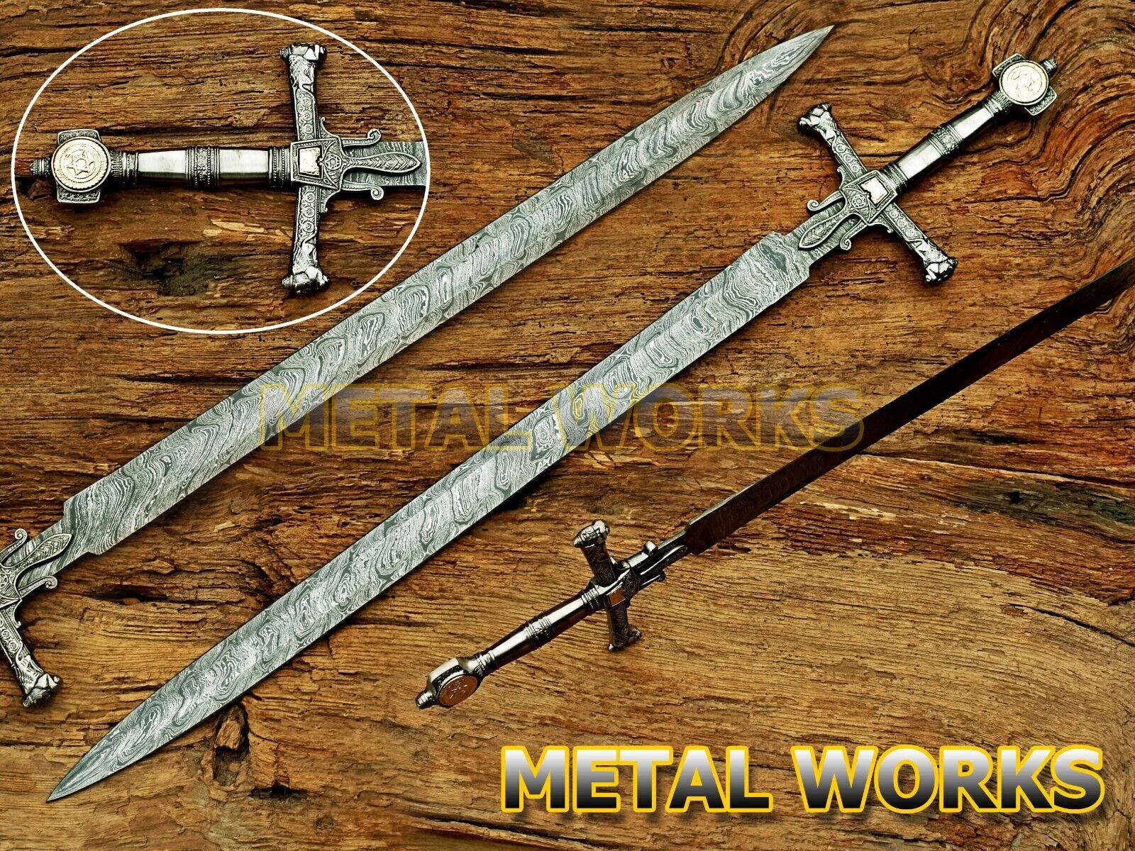Damascus Steel King Solomon Crusader Sword w/LeatherSheath(Star of David Pommel)