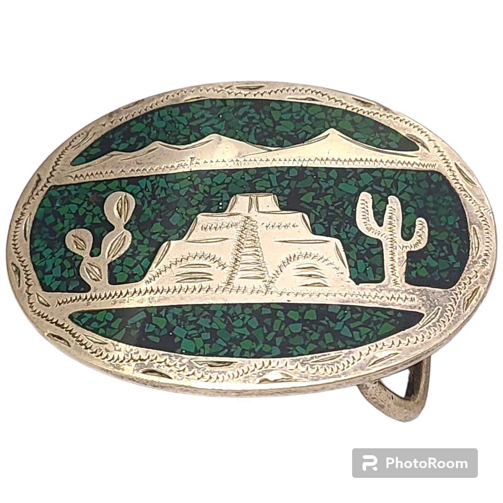 Taxco Arenas Mexico Sterling Silver 1960s Aztec Temple Design Art Belt Buckle