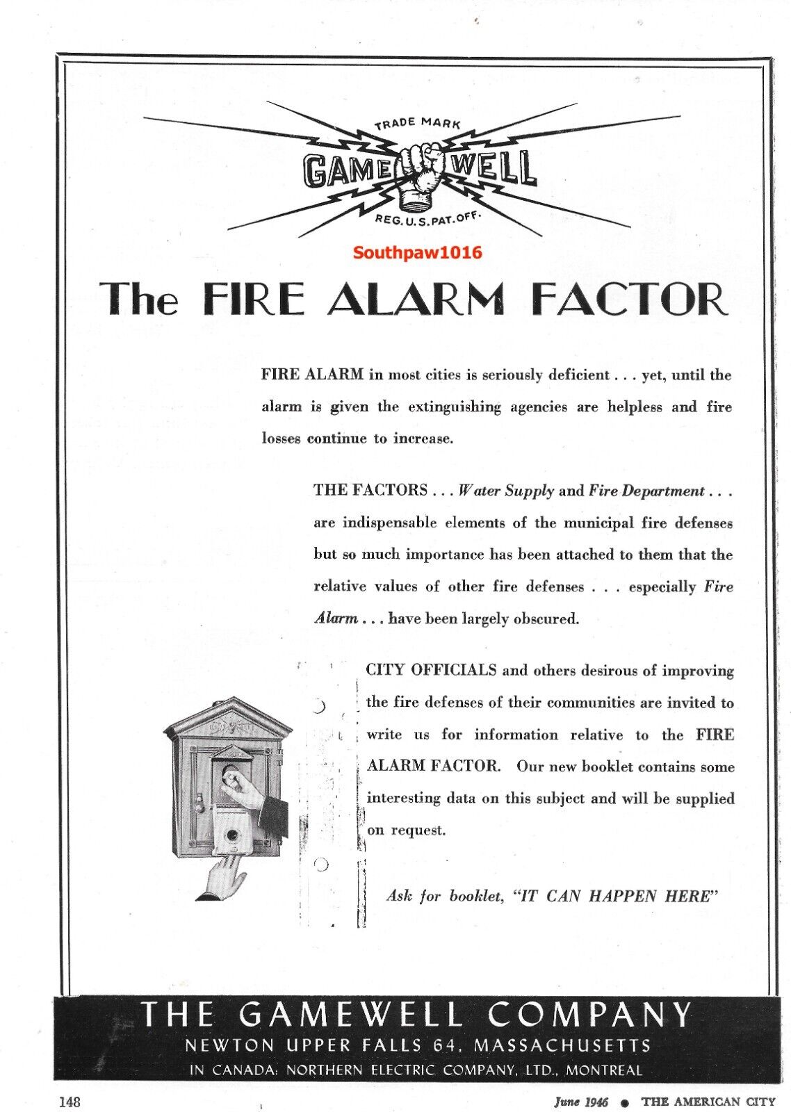 1946 Gamewell Co. \'The Fire Alarm Factor\' Fire Alarms Original Print Ad