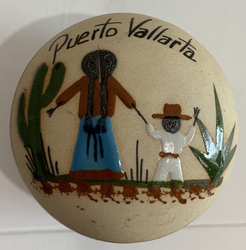 Vtg Puerto Vallarta Mexican Folk Art Ceramic Handpainted Trinket Box Dish W Lid