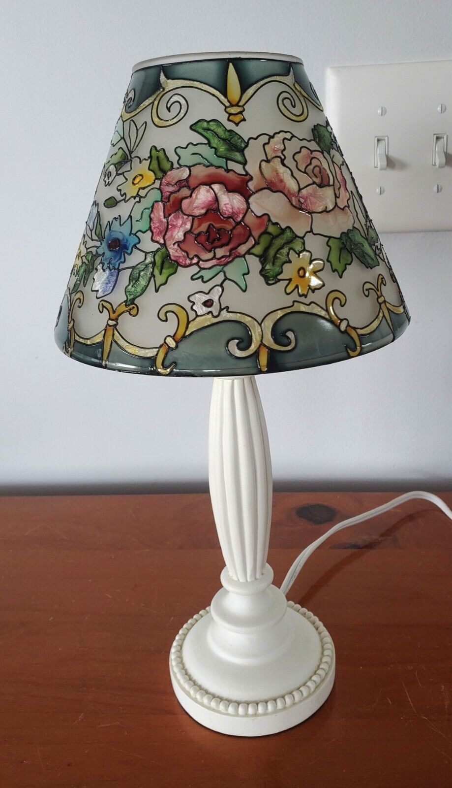 Vintage Desk Accent Boudoir Faux Stained Glass Hand Painted Lamp by Joan Baker
