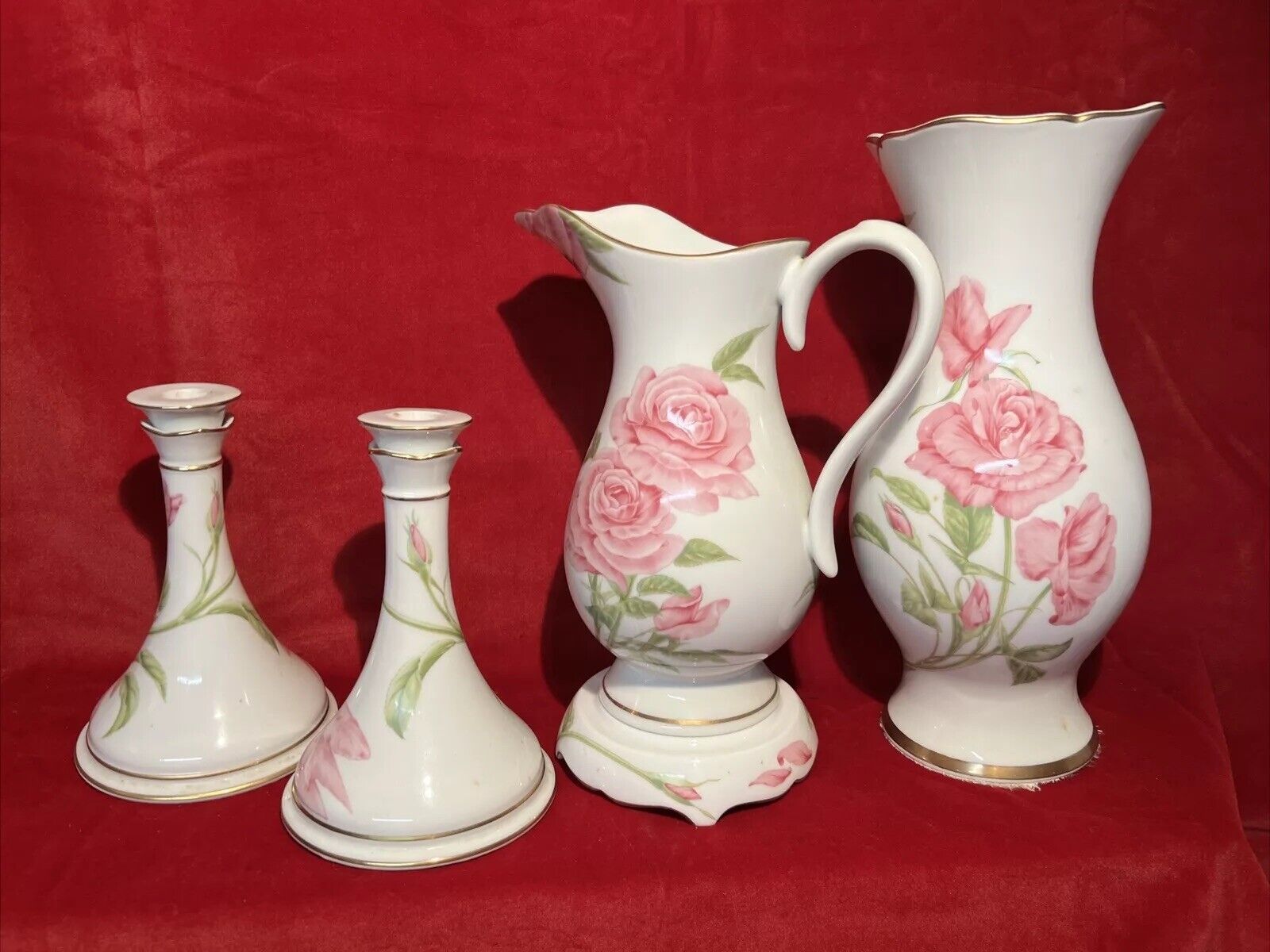 Vintage Givenchy Rose Porcelain Pitcher, Vase & Candlesticks Franklin Mint (RK)