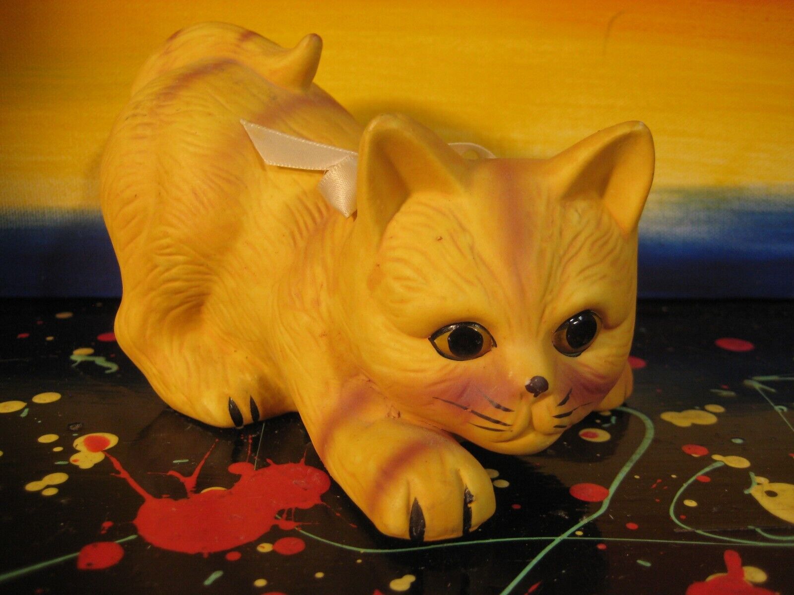 Cute Orange Kitten with Ribbon Handpainted Porcelain Cat Figurine