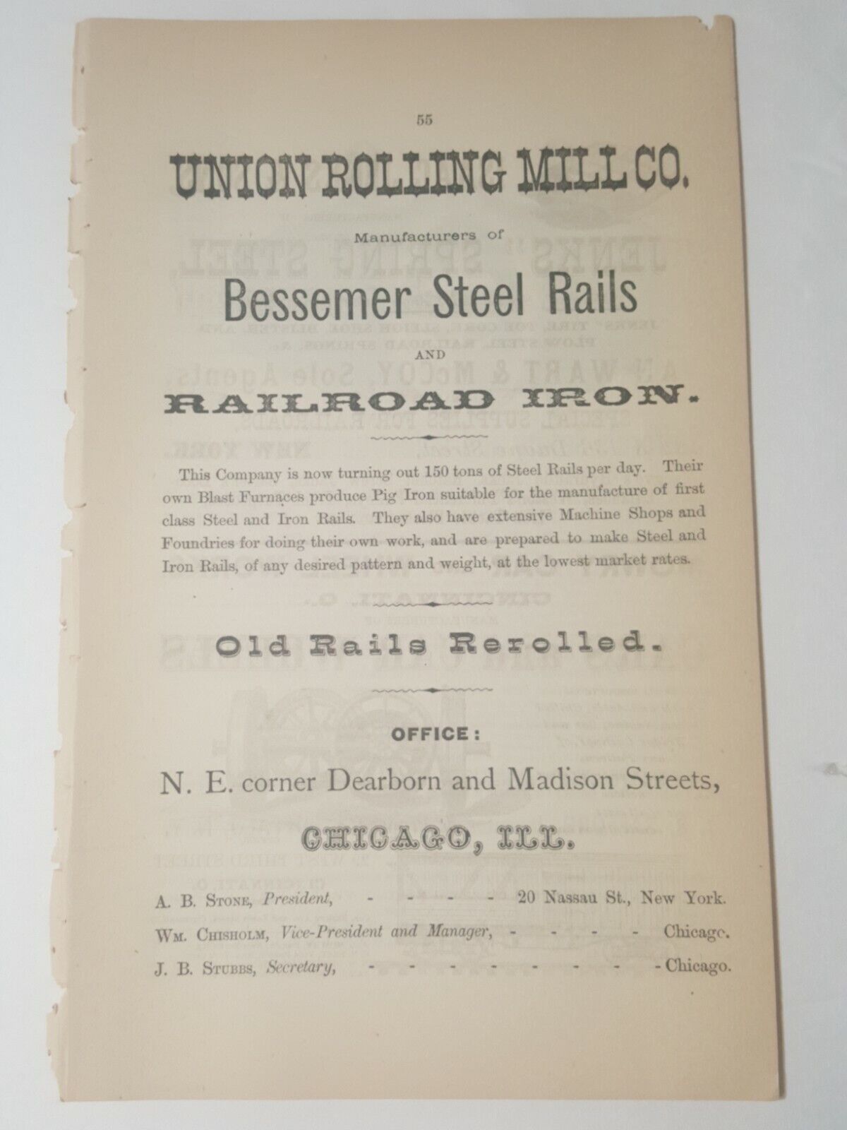 1877 advertising ad UNION ROLLING MILL COMPANY Chicago Illinois Bessemer Steel