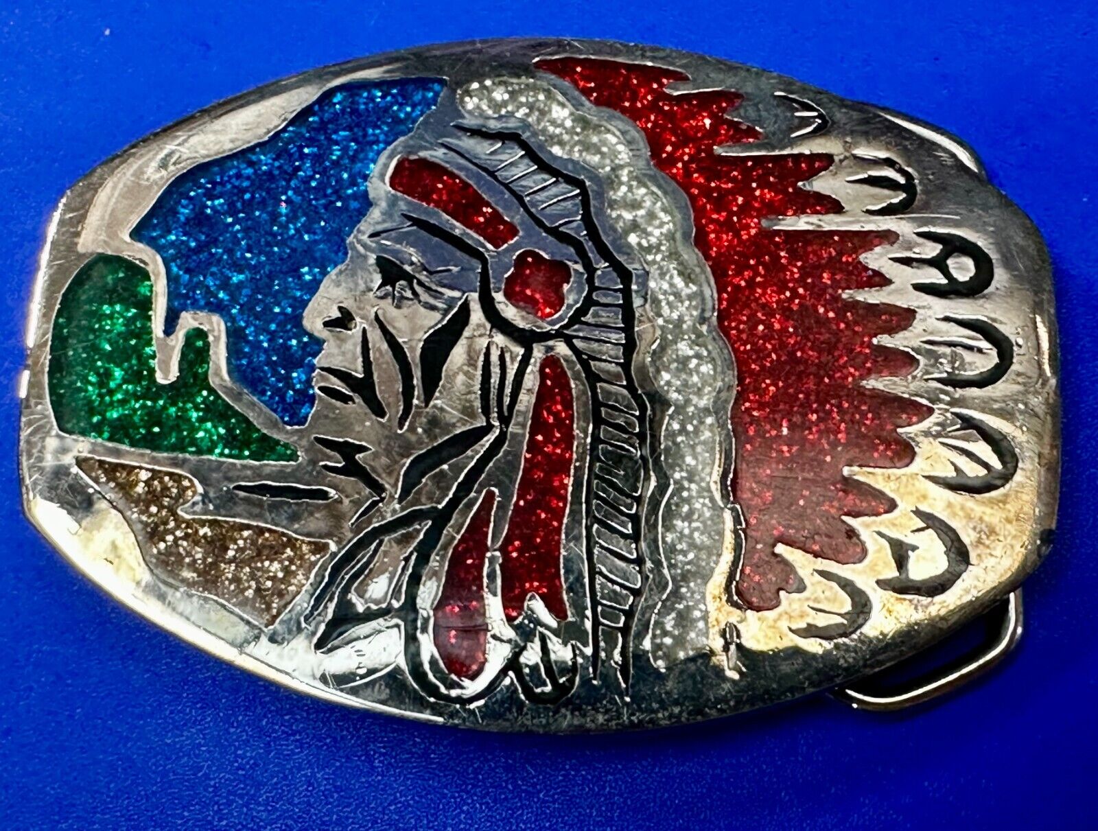 Native American Indian Chief in Headdress Inlaid Enamel Vtg 70's PSS Belt Buckle