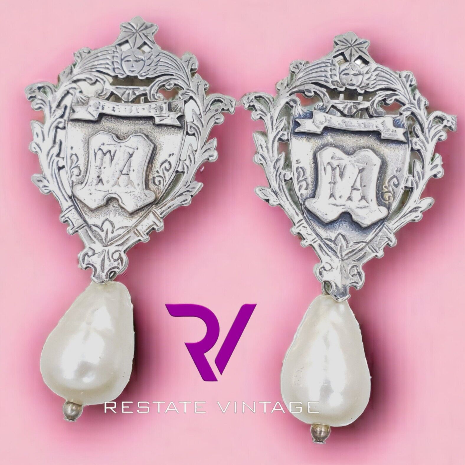 Antique 1908 Grand Lodge England Masonic Memento Earrings Sterling Faux Pearl