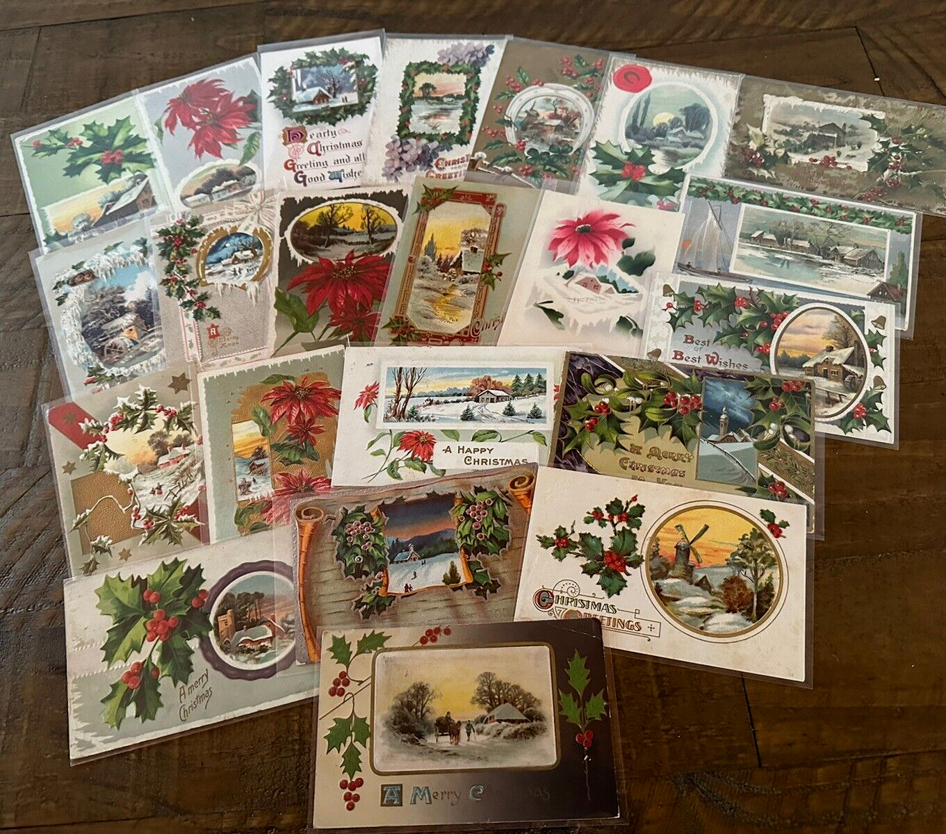 Lot of 22 Antique~Christmas Postcards with Winter Snowy & Village Scenes-h553