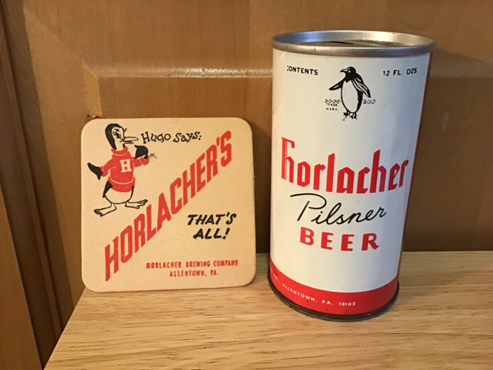 WOW Horlacher Pilsner Beer Can Steel Pull Tab & Coaster HUGO Penguin Red White