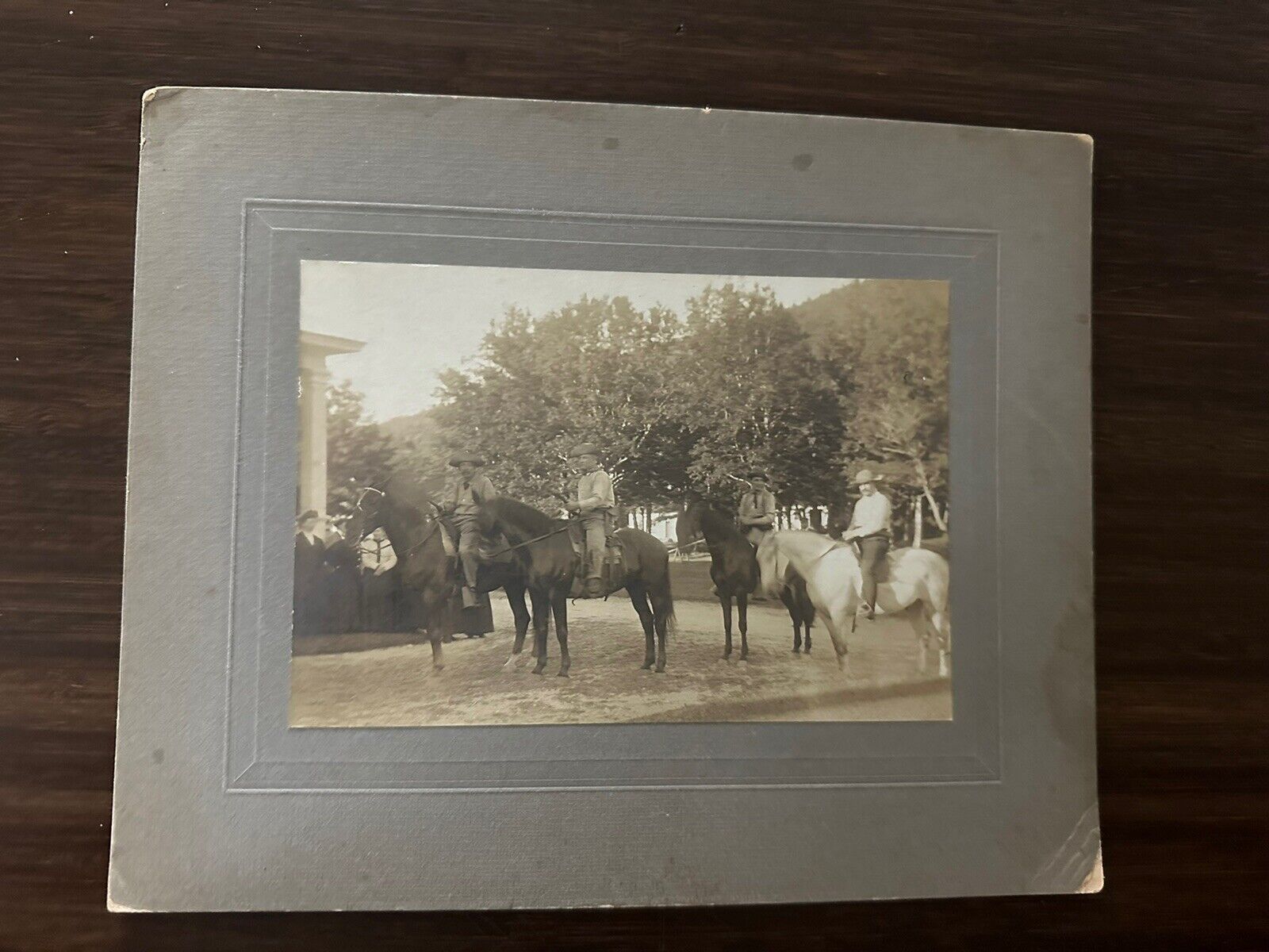 Antique Mounted Photo Men Horseback shotgun A. Garland Hall Photo Whitfield NH