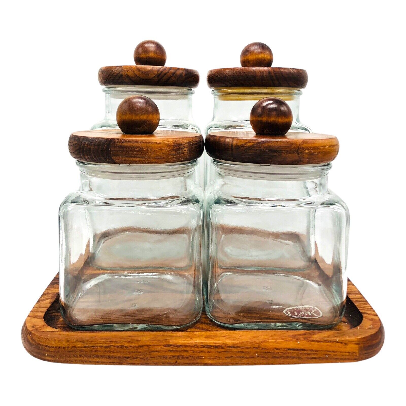 VTG Anchor Hocking Glass Jar Cannister Lazy Susan Oak Wood Lid Ball Knob 9pc Set