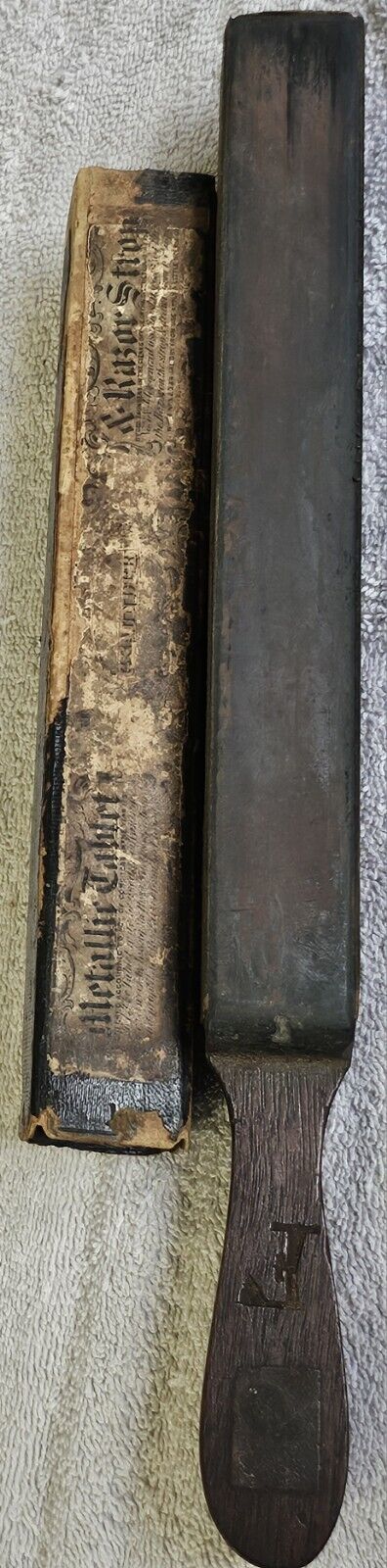 Antique 1852 Mettalic Tablet Razor Strop 4 Side Wood Leather w/Case Geo Saunders