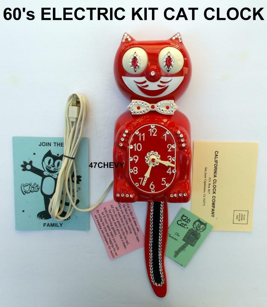 60\'s-RED ORIGINAL-JEWELED-ELECTRIC KIT CAT KLOCK-KAT CLOCK-VINTAGE-FELIX-WORKS