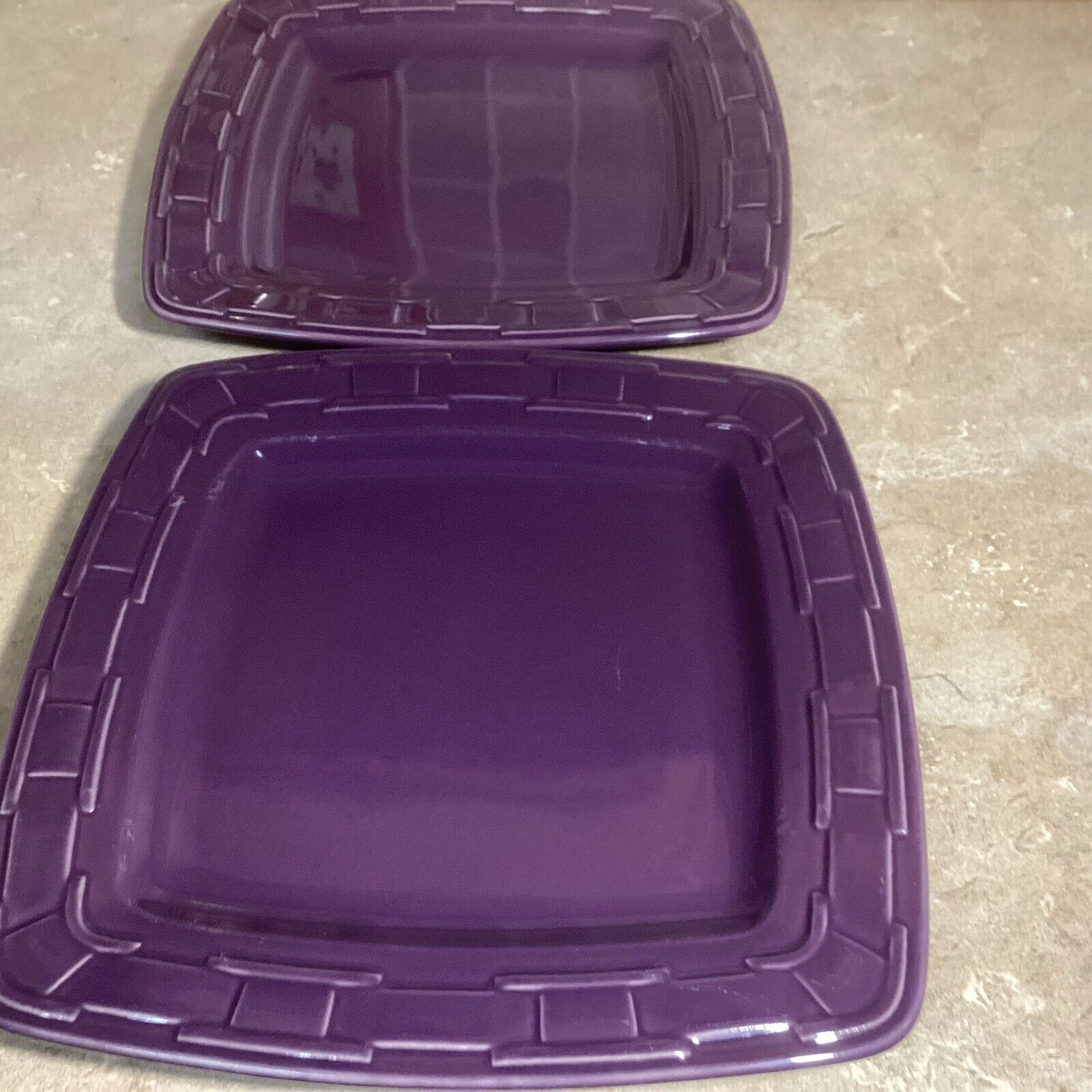 2 Longaberger Pottery Woven Traditions EGGPLANT Soft Square Dinner Plates 11”