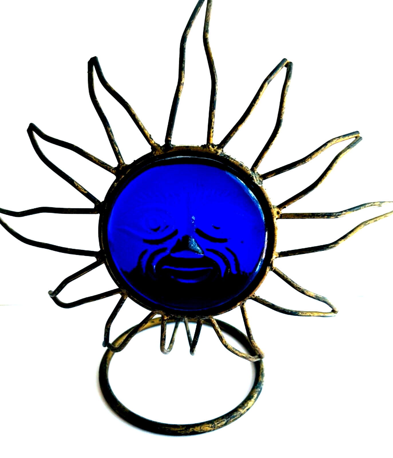 Celestial Sun Sunburst, Moon Cobalt Blue Glass Metal Candle Holder Gift