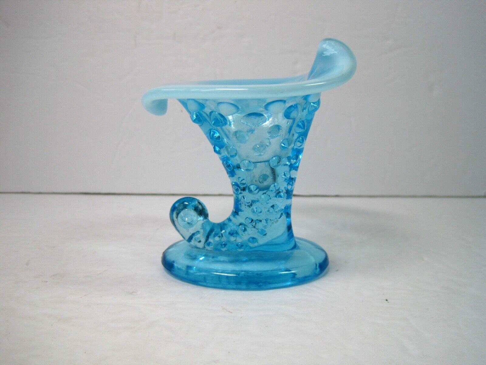 Vintage Mid  Century Fenton Hobnail Aqua Glass Horn Vase 3.5 \