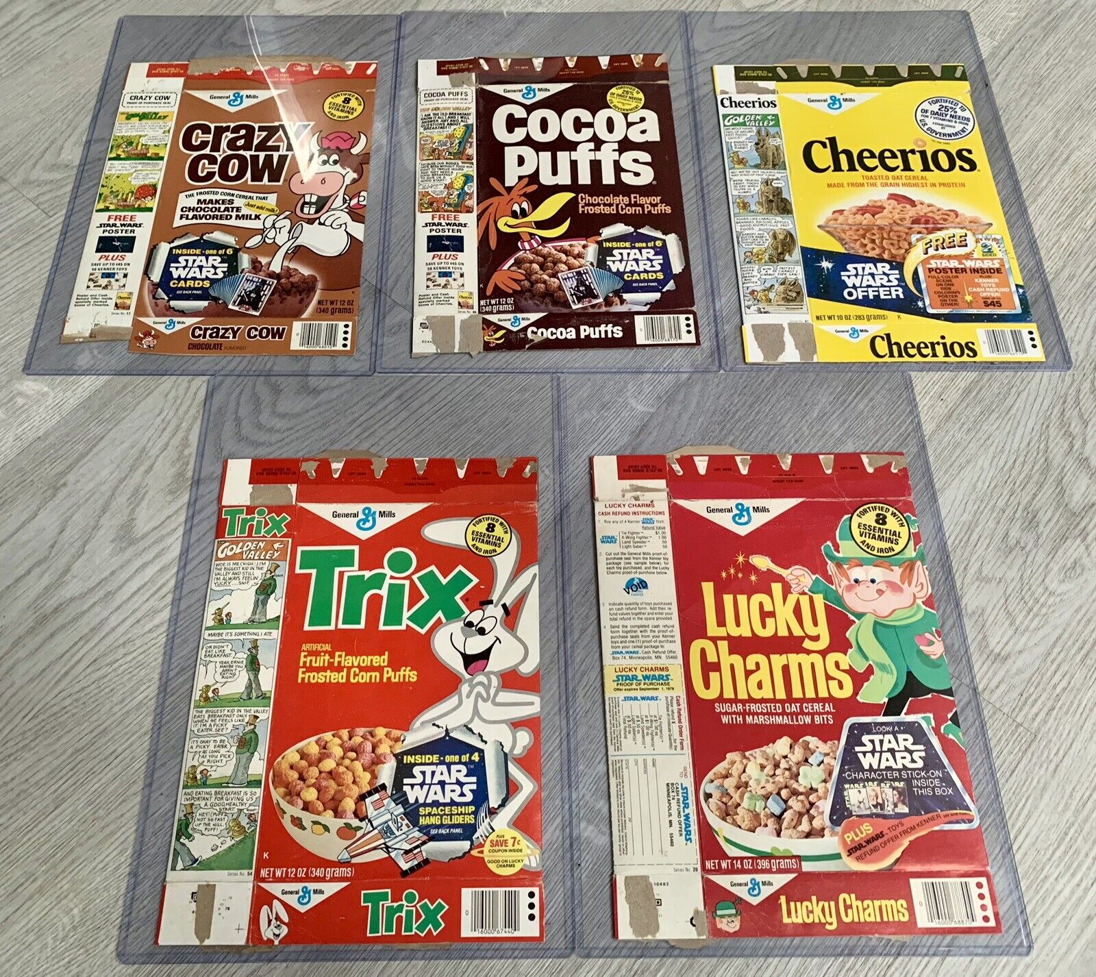 1978 Star Wars General Mills Cereal 5 Box Lot - Crazy Cow Cocoa Puffs Trix 