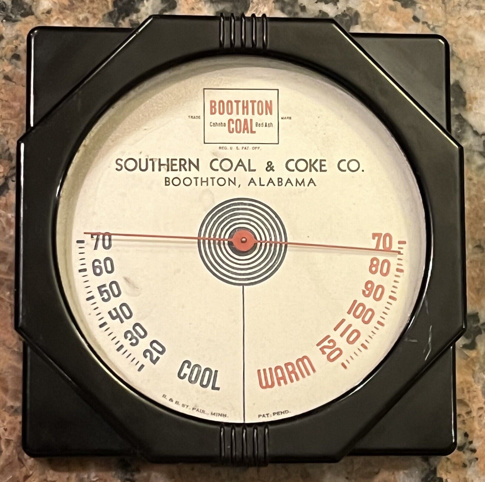 Scarce 1930’s Boothman Coal Art Decco Thermometer 5.75” x 5.75”